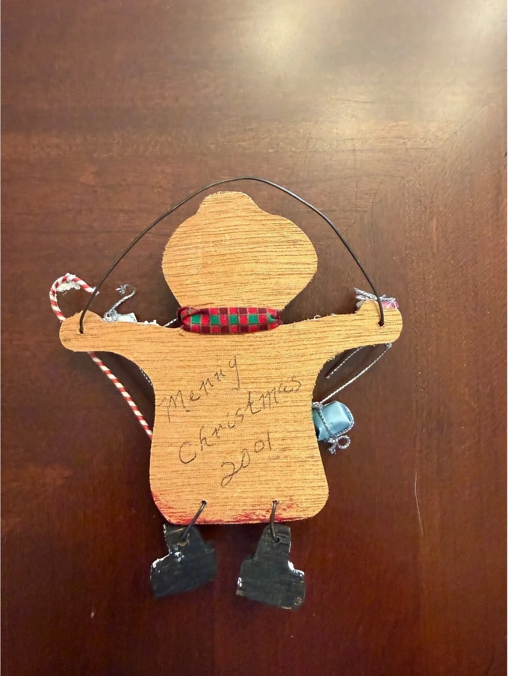 Handcrafted Wooden Gingerbread Man Christmas Ornament with Bells and Candy Cane